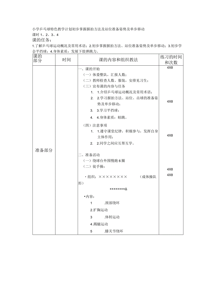 小学乒乓球特色教学计划初步掌握握拍方法及站位准备姿势及单步移动.docx_第1页