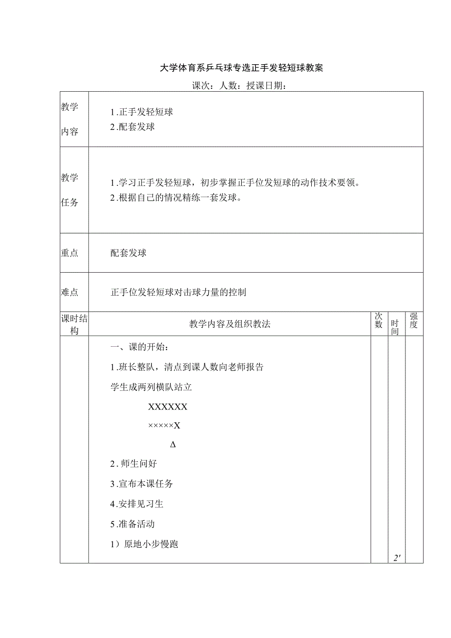 大学体育系乒乓球专选正手发轻短球教案.docx_第1页