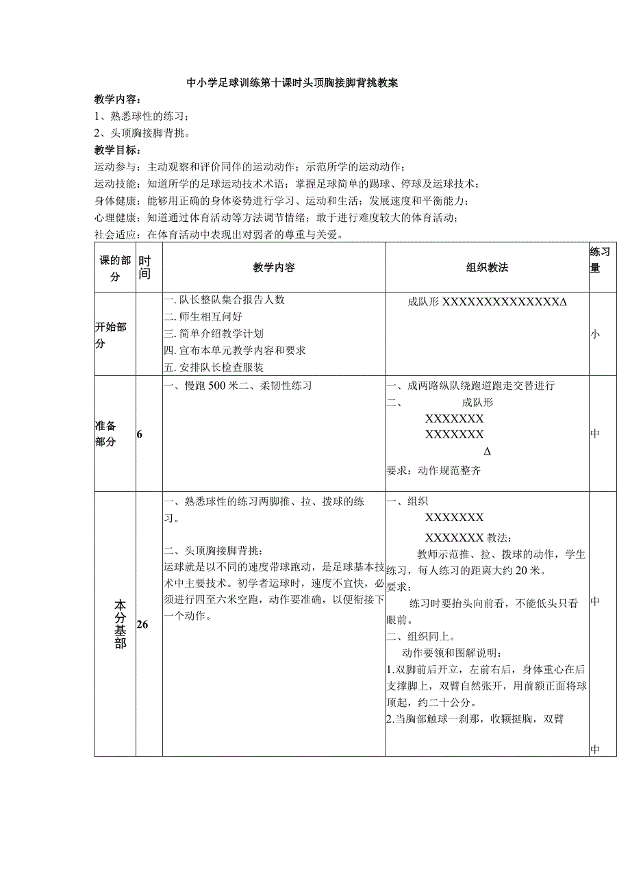 中小学足球训练第十课时头顶胸接脚背挑教案.docx_第1页