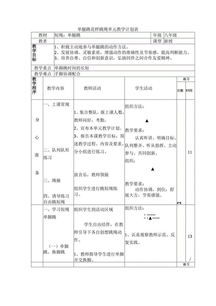 单腿跳花样跳绳单元教学计划表.docx_第1页