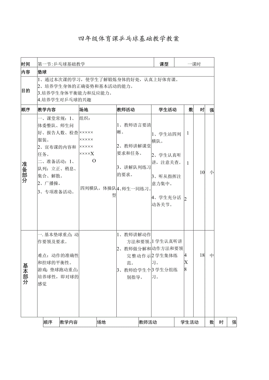 四年级体育课乒乓球基础教学教案.docx_第1页