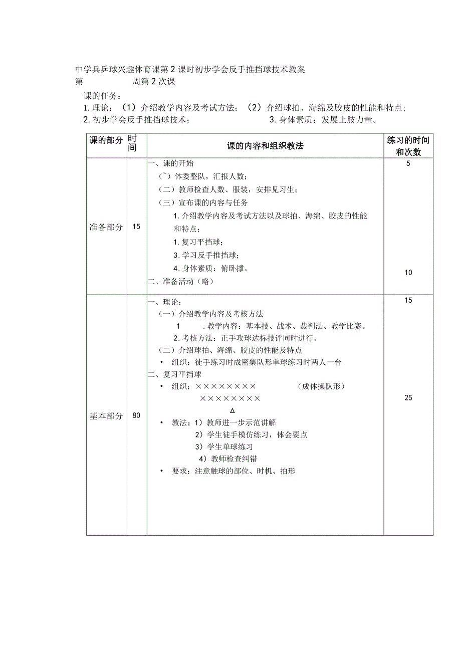 中学兵乒球兴趣体育课第2课时初步学会反手推挡球技术教案.docx_第1页