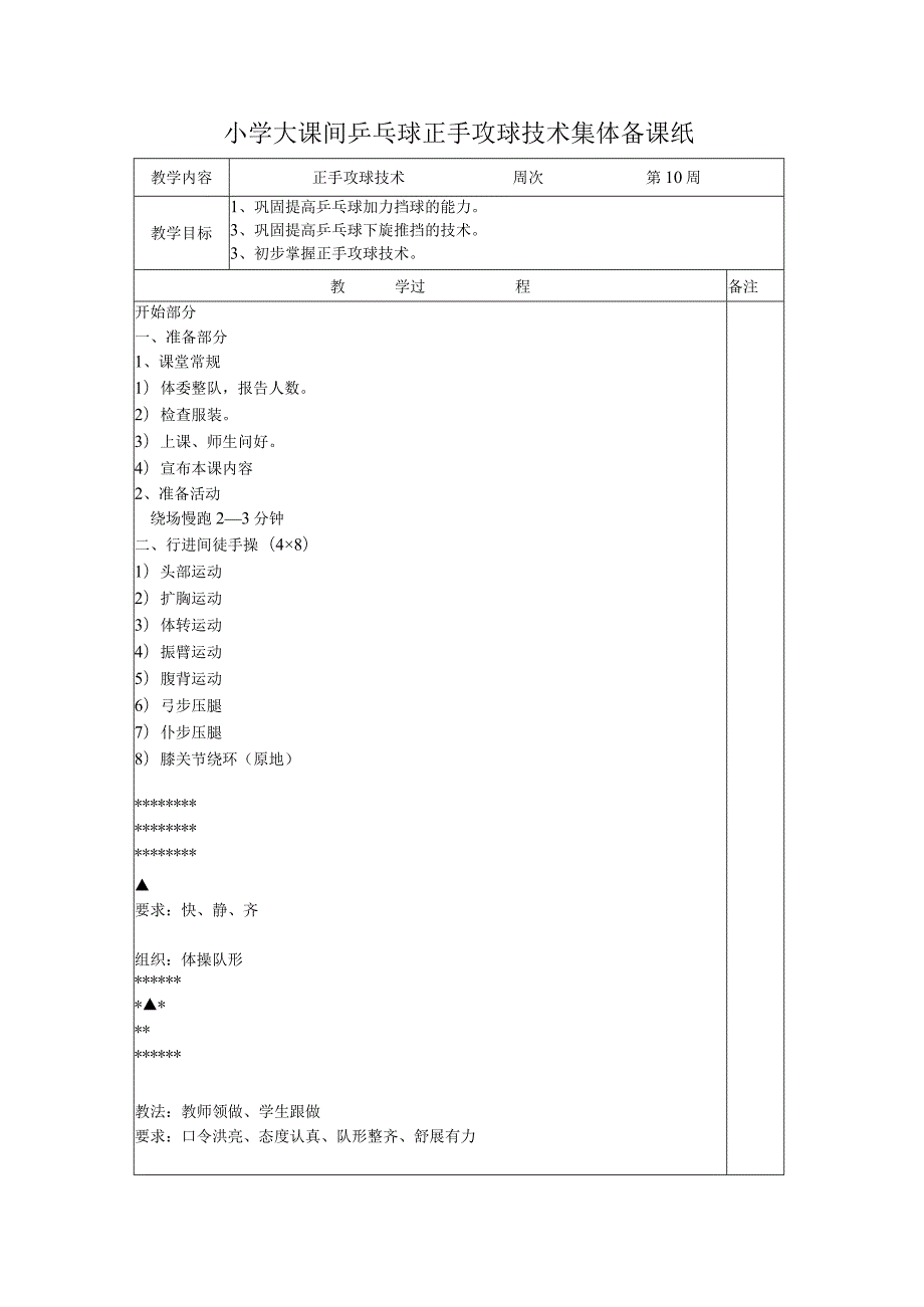 小学大课间乒乓球正手攻球技术集体备课纸.docx_第1页