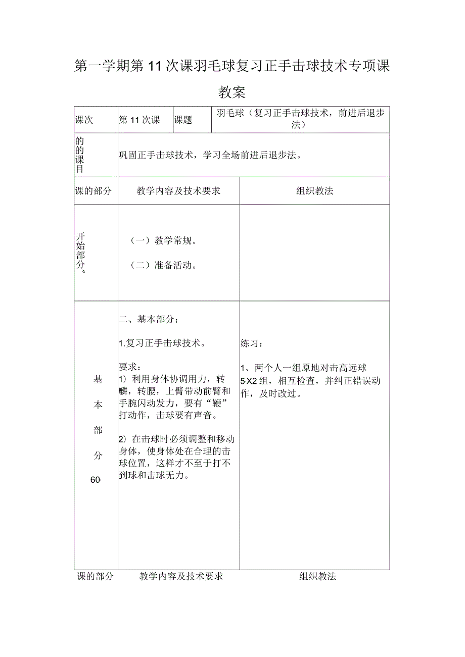 第一学期第11次课羽毛球复习正手击球技术专项课教案.docx_第1页