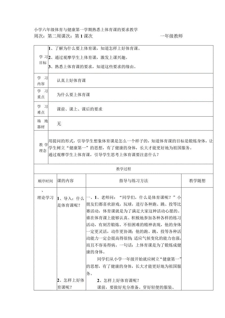 小学六年级体育与健康第一学期熟悉上体育课的要求教学.docx_第1页