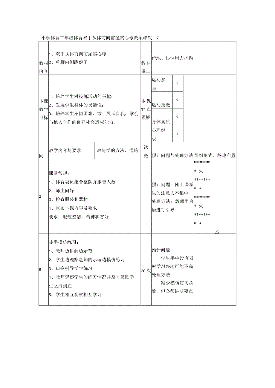 小学体育二年级体育双手从体前向前抛实心球教案.docx_第1页