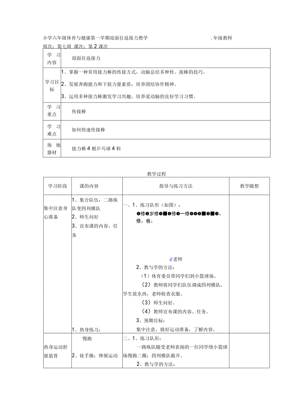 小学六年级体育与健康第一学期迎面往返接力教学.docx_第1页