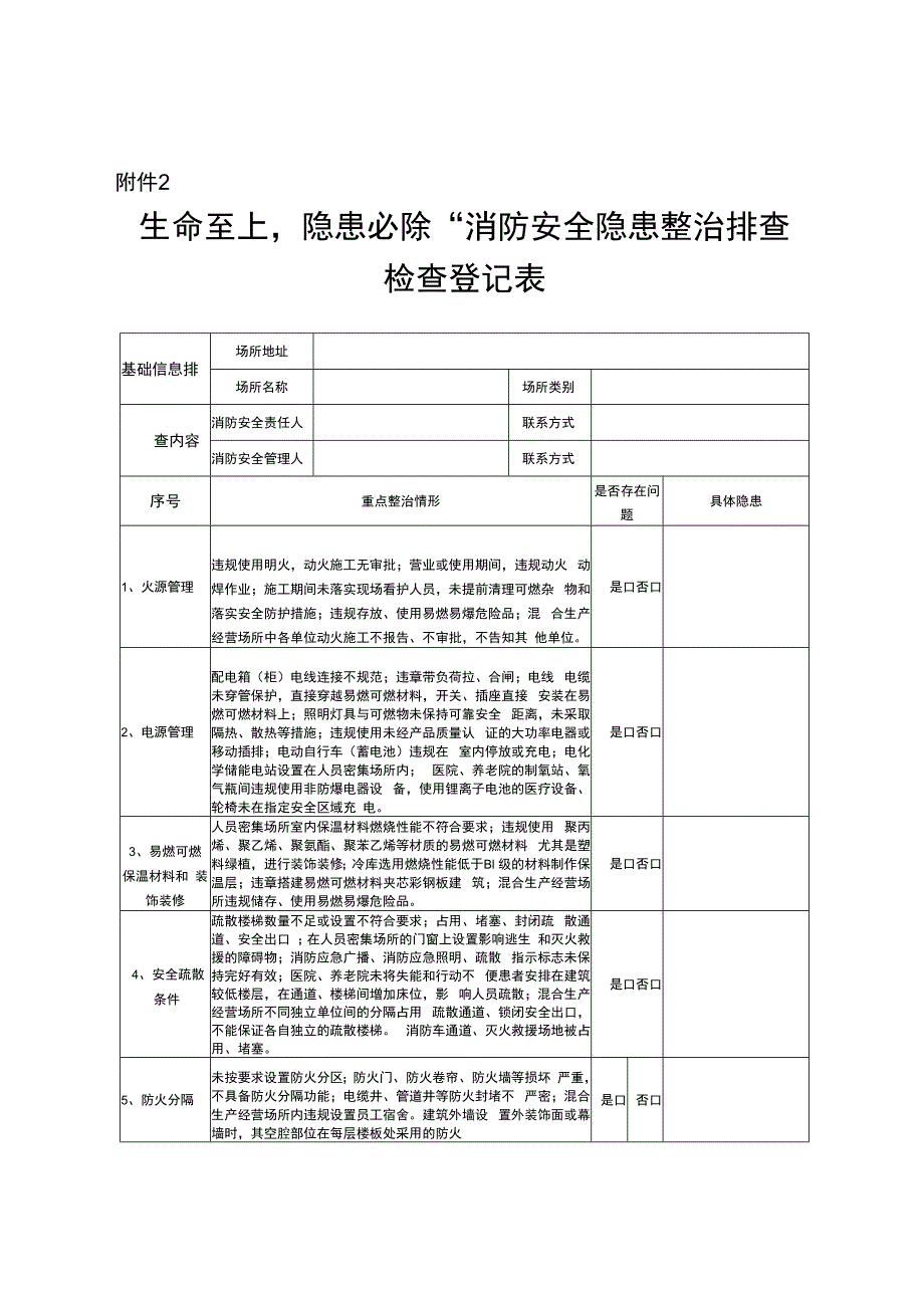 “生命至上隐患必除”消防安全隐患整治排查检查登记表.docx_第1页