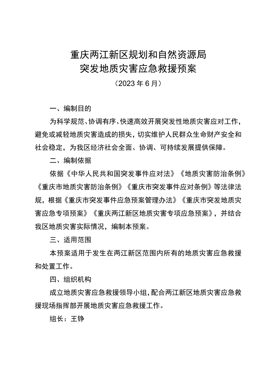 重庆两江新区规划和自然资源局突发地质灾害应急救援预案.docx_第1页