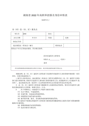 湖南省2022年高职单招报名身份审核表退役军人市州县市、区报名点.docx