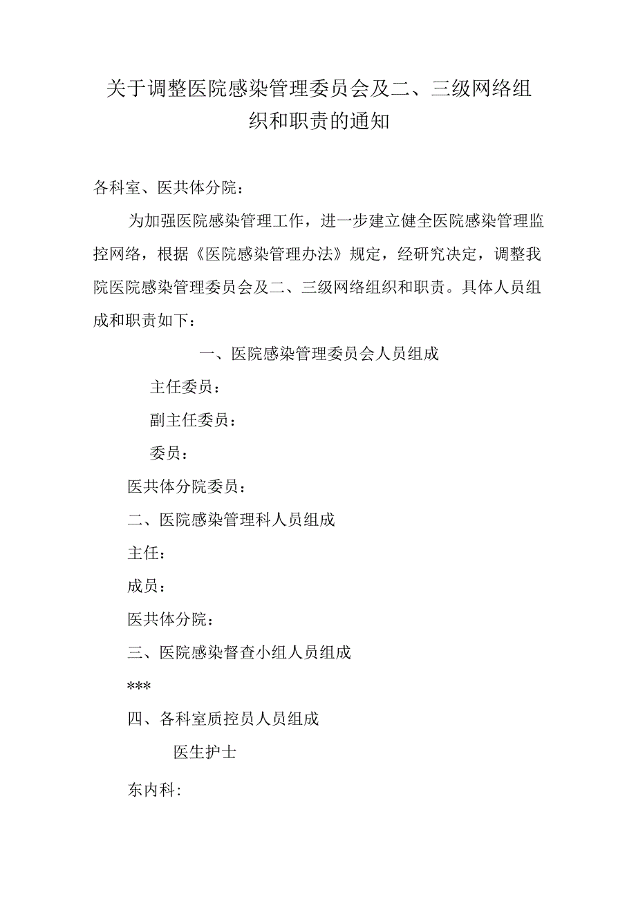 关于调整医院感染管理委员会及二、三级网络组织和职责的通知.docx_第1页