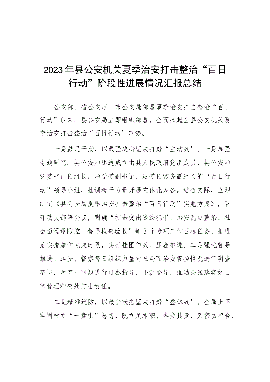 县公安夏季治安打击整治“百日行动”总结报告六篇.docx_第1页