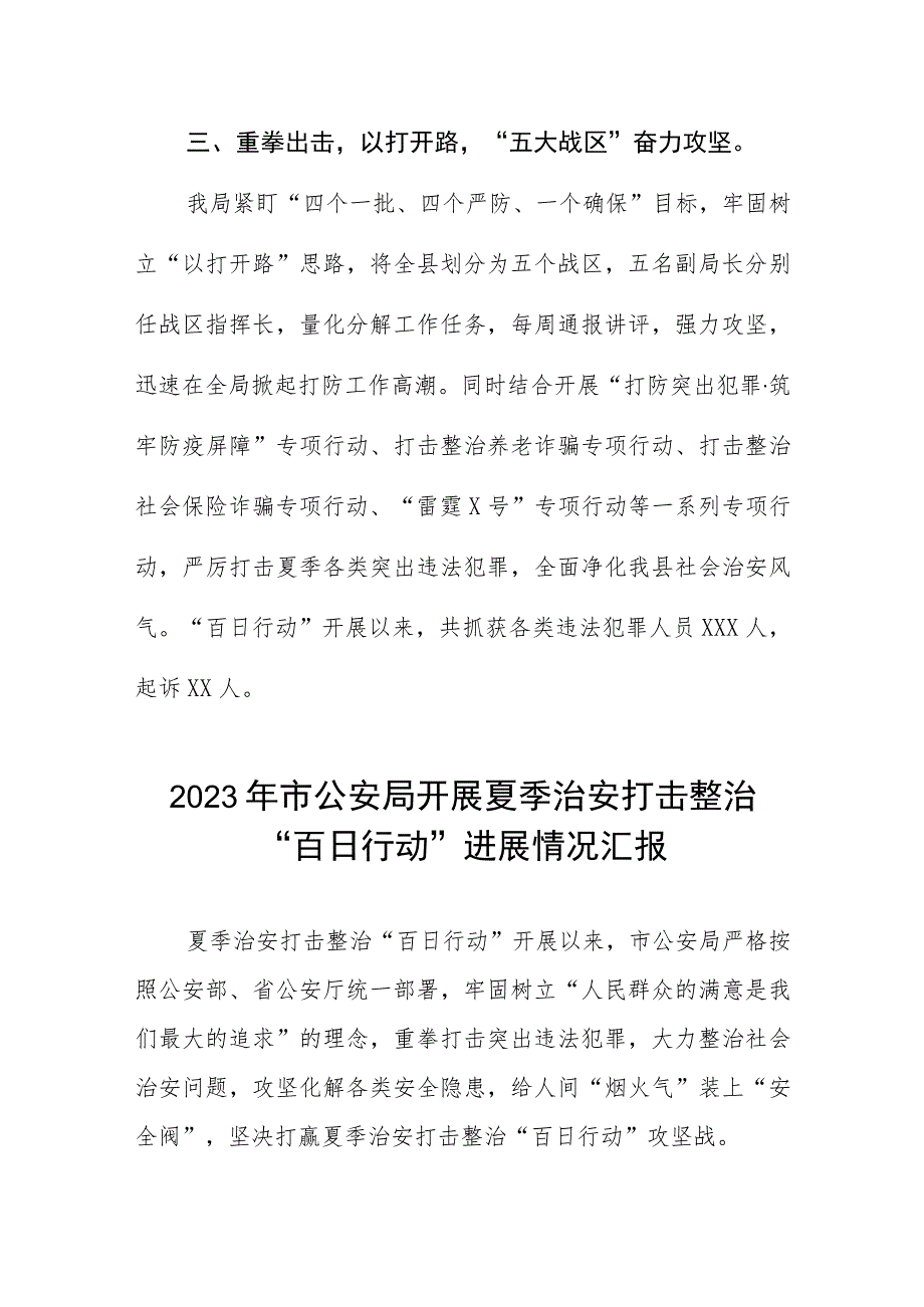 县公安夏季治安打击整治“百日行动”阶段性总结汇报六篇.docx_第3页