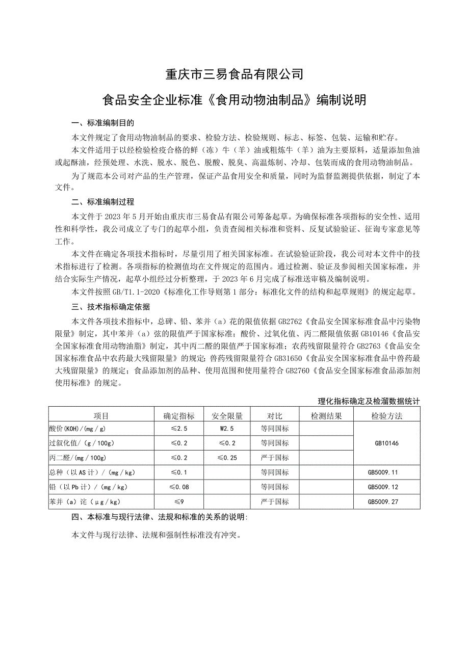 重庆市三易食品有限公司食品安全企业标准《食用动物油制品》编制说明.docx_第1页