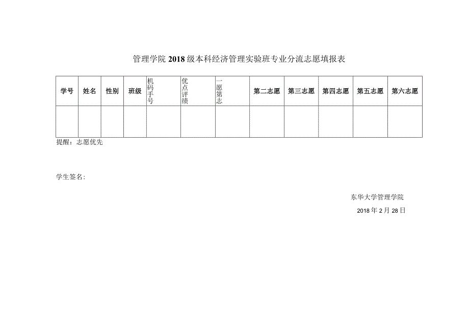 管理学院2018级本科经济管理实验班专业分流志愿填报表.docx_第1页