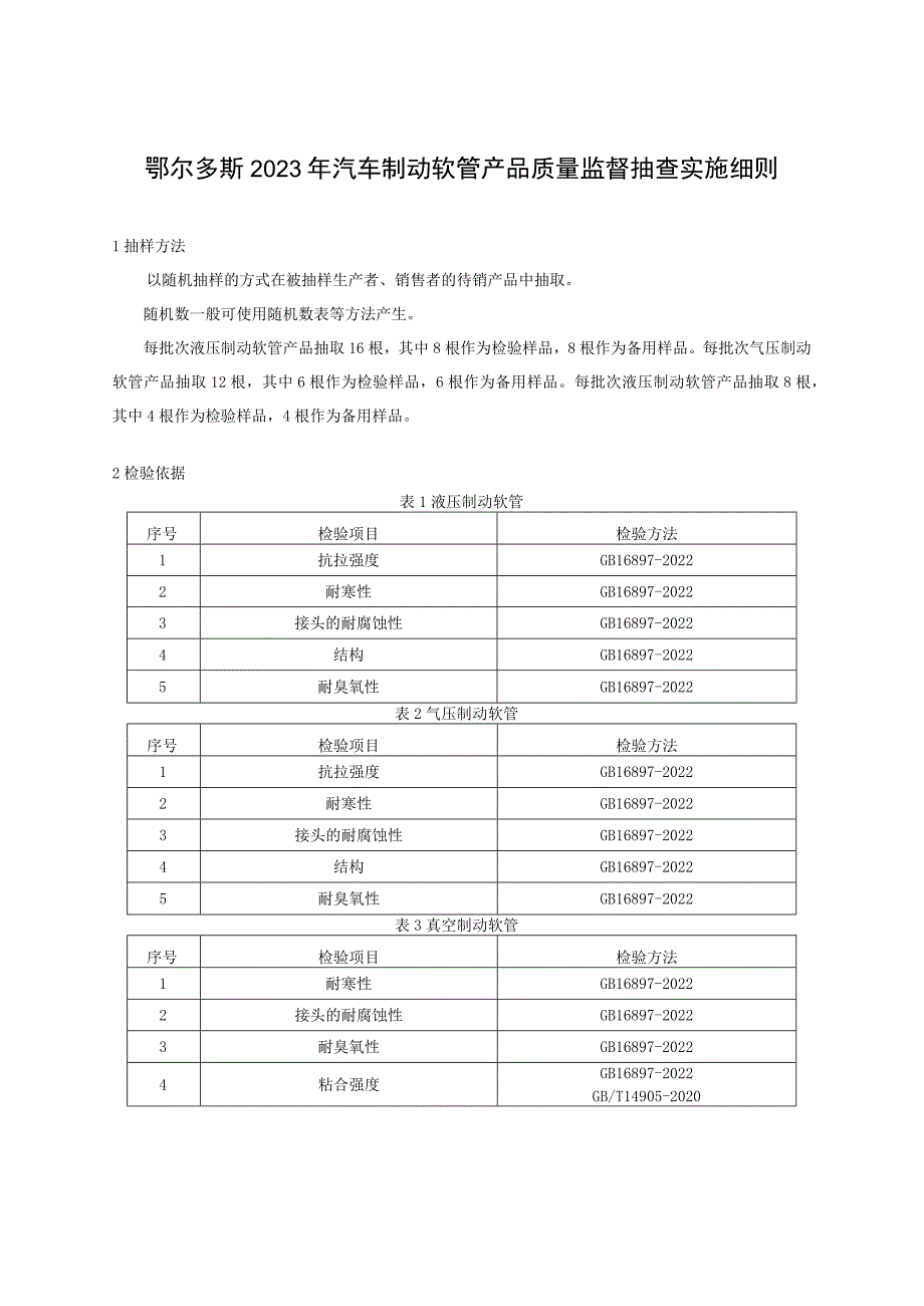 鄂尔多斯2023年汽车制动软管产品质量监督抽查实施细则.docx_第1页