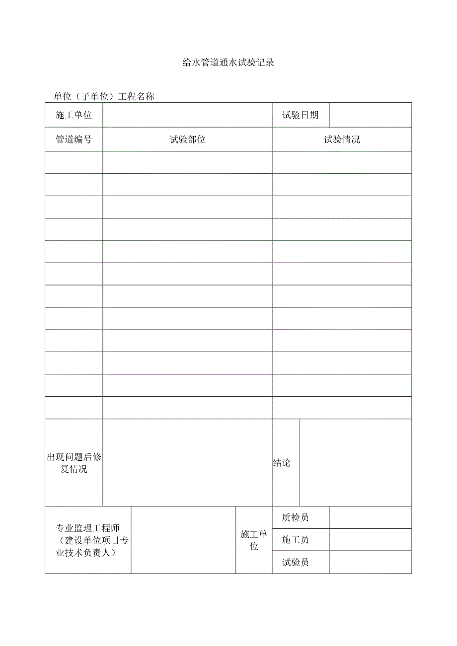 建筑工程给水管道通水试验记录(示范文本).docx_第1页