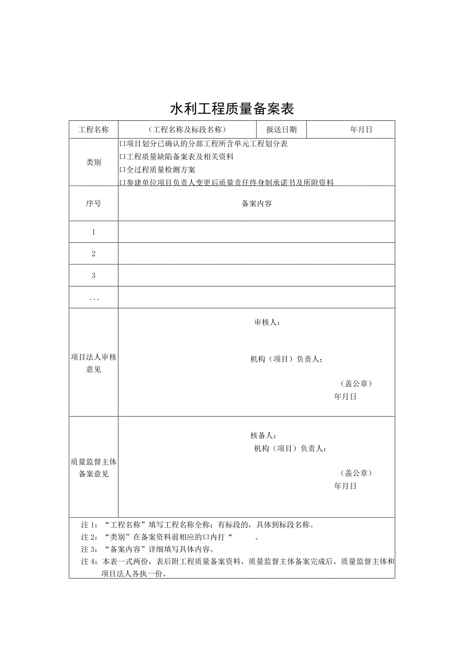 安徽水利工程质量备案表、缺陷台账、核备表、监督档案目录.docx_第1页