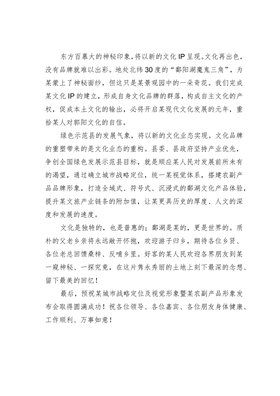 在城市战略定位及视觉形象暨农副产品形象发布会上的欢迎辞.docx_第2页