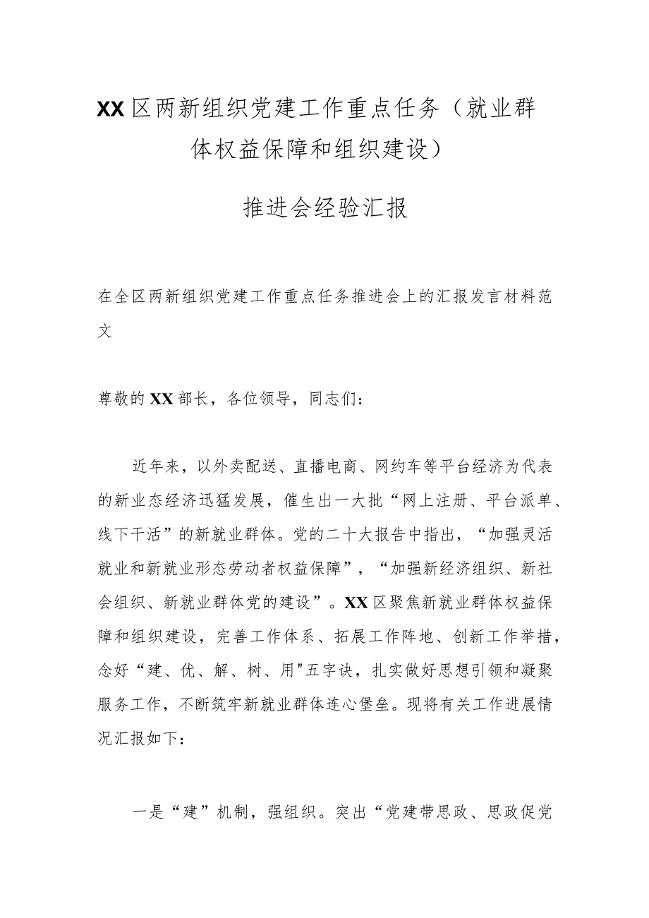 XX区两新组织党建工作重点任务（就业群体权益保障和组织建设）推进会经验汇报.docx_第1页