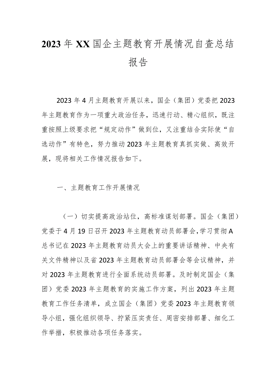 2023年XX国企主题教育开展情况自查总结报告.docx_第1页