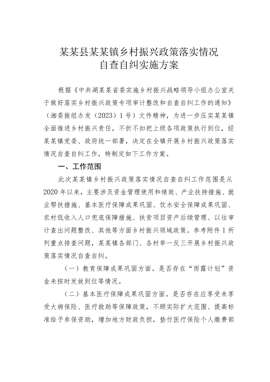 某某县某某镇乡村振兴政策落实情况自查自纠实施方案.docx_第1页