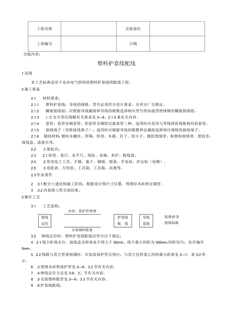 塑料护套线配线工艺技术交底.docx_第1页