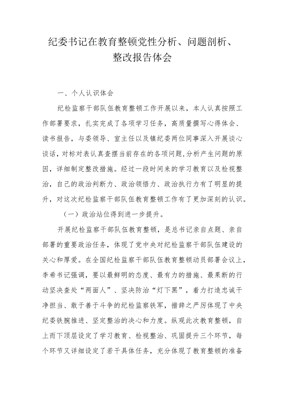 纪委书记在教育整顿党性分析、问题剖析、整改报告体会.docx_第1页