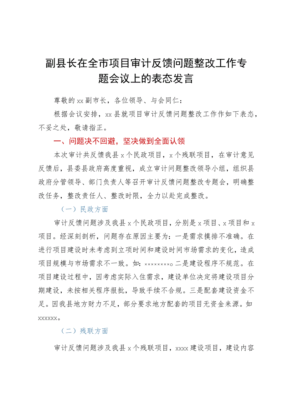 副县长在全市项目审计反馈问题整改工作专题会议上的表态发言.docx_第1页