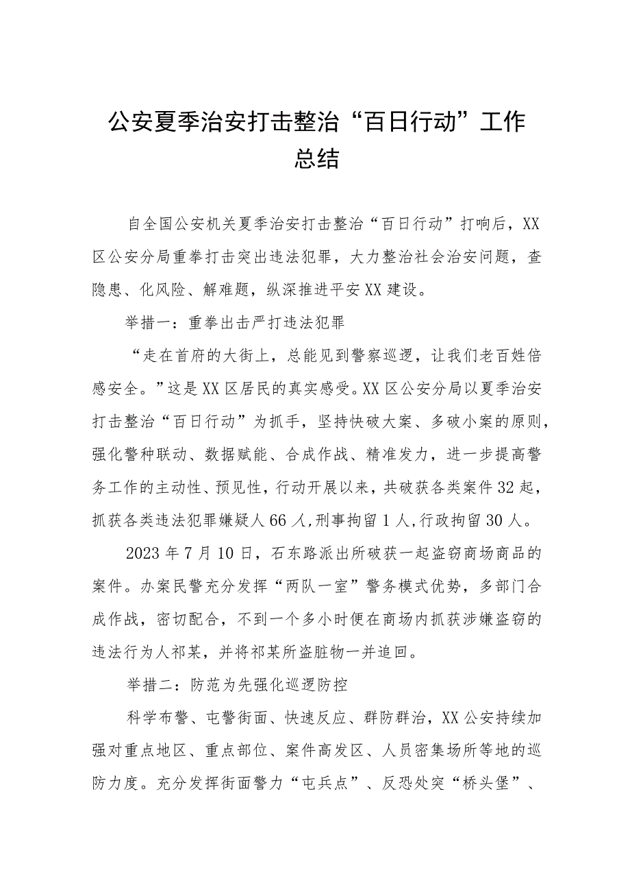 公安夏季治安打击整治“百日行动”工作总结七篇.docx_第1页