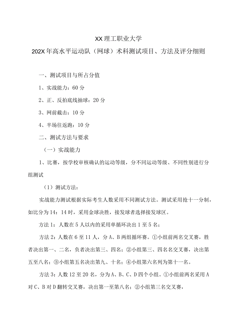 XX理工职业大学202X年高水平运动队（网球）术科测试项目、方法及评分细则.docx_第1页