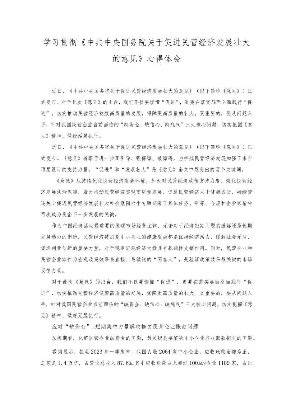 （2篇）学习贯彻《中共中央 国务院关于促进民营经济发展壮大的意见》心得体会.docx_第3页