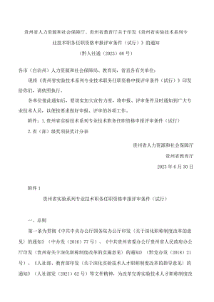 贵州省人力资源和社会保障厅、贵州省教育厅关于印发《贵州省实验技术系列专业技术职务任职资格申报评审条件(试行)》的通知.docx