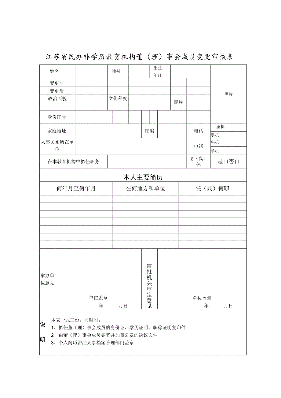 江苏省民办非学历教育机构董理事会成员变更审核表.docx_第1页