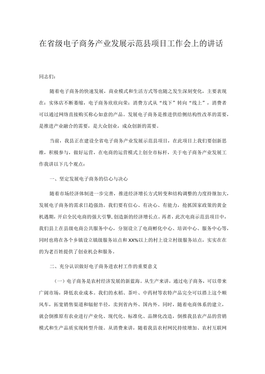 在省级电子商务产业发展示范县项目工作会上的讲话.docx_第1页