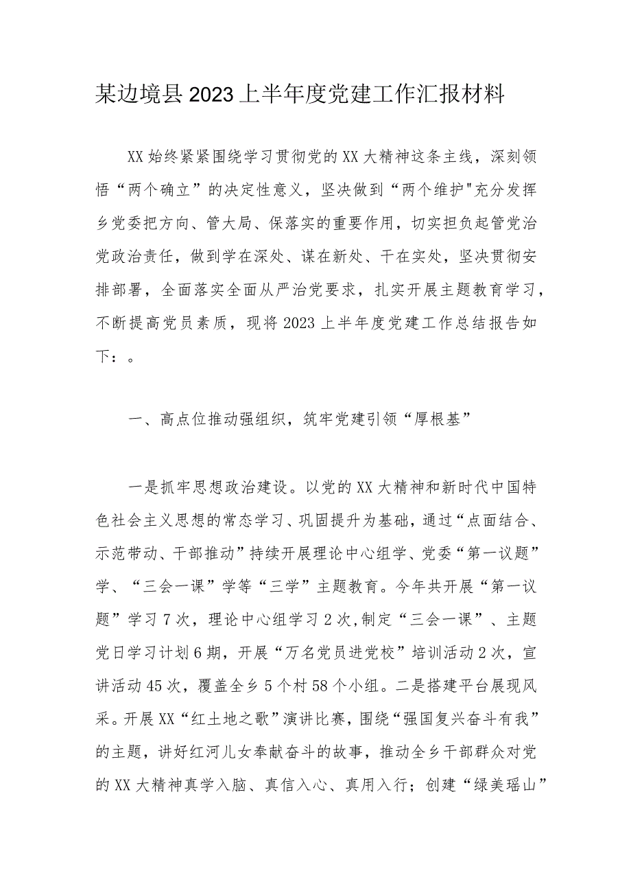 某边境县2023上半年度党建工作汇报材料.docx_第1页