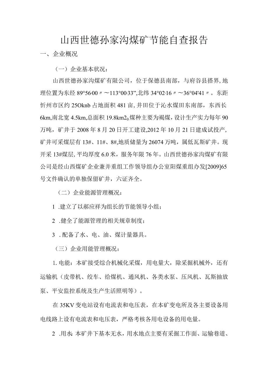 公司煤矿节能自查报告.docx_第1页