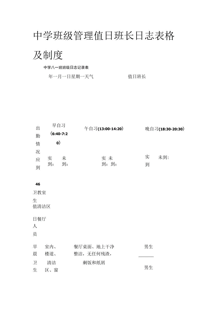 中学班级管理 值日班长日志表格及制度全.docx_第1页