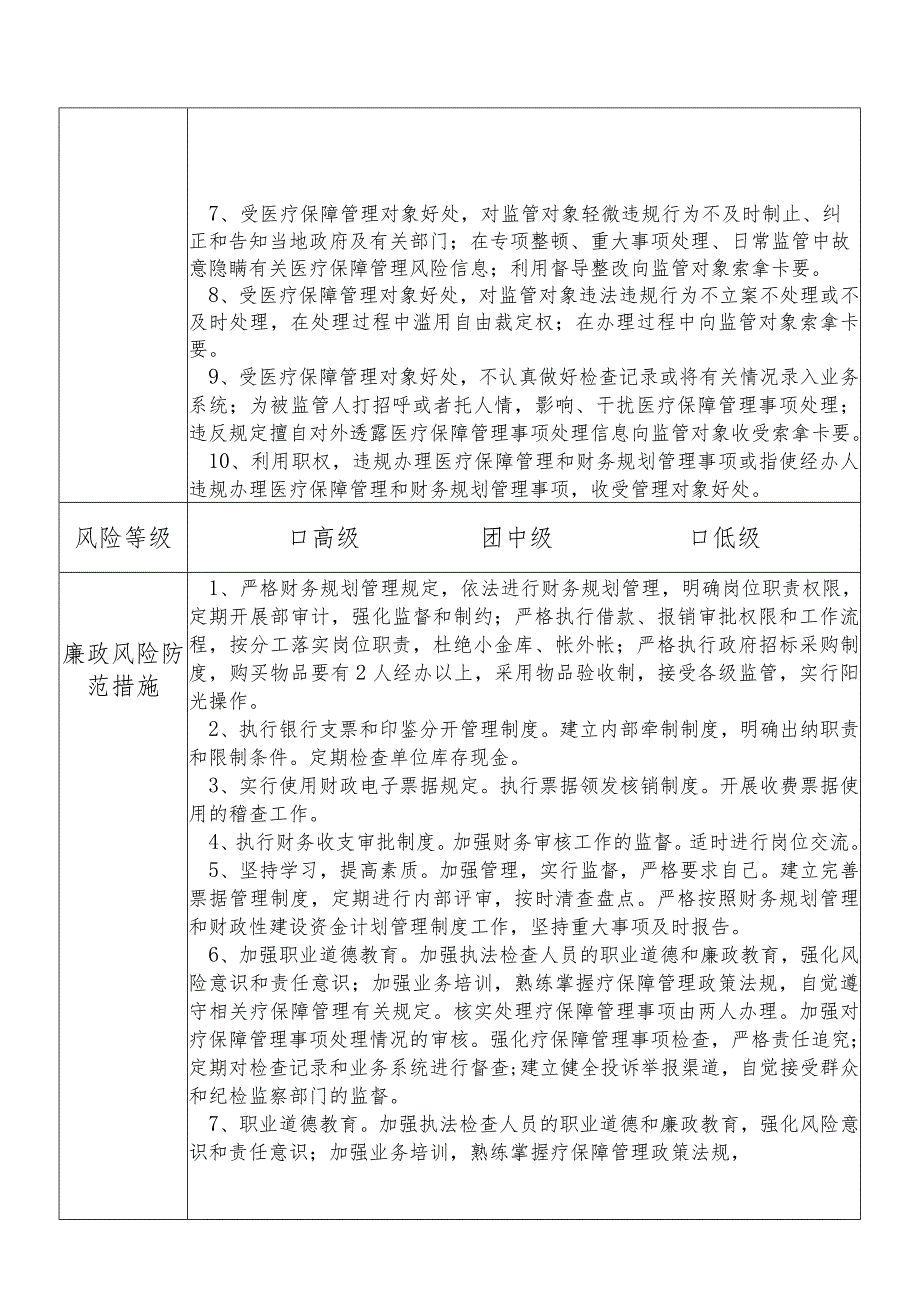 某县医保部门医疗保障管理及规划财务管理（综合）股股长个人岗位廉政风险点排查登记表.docx_第2页