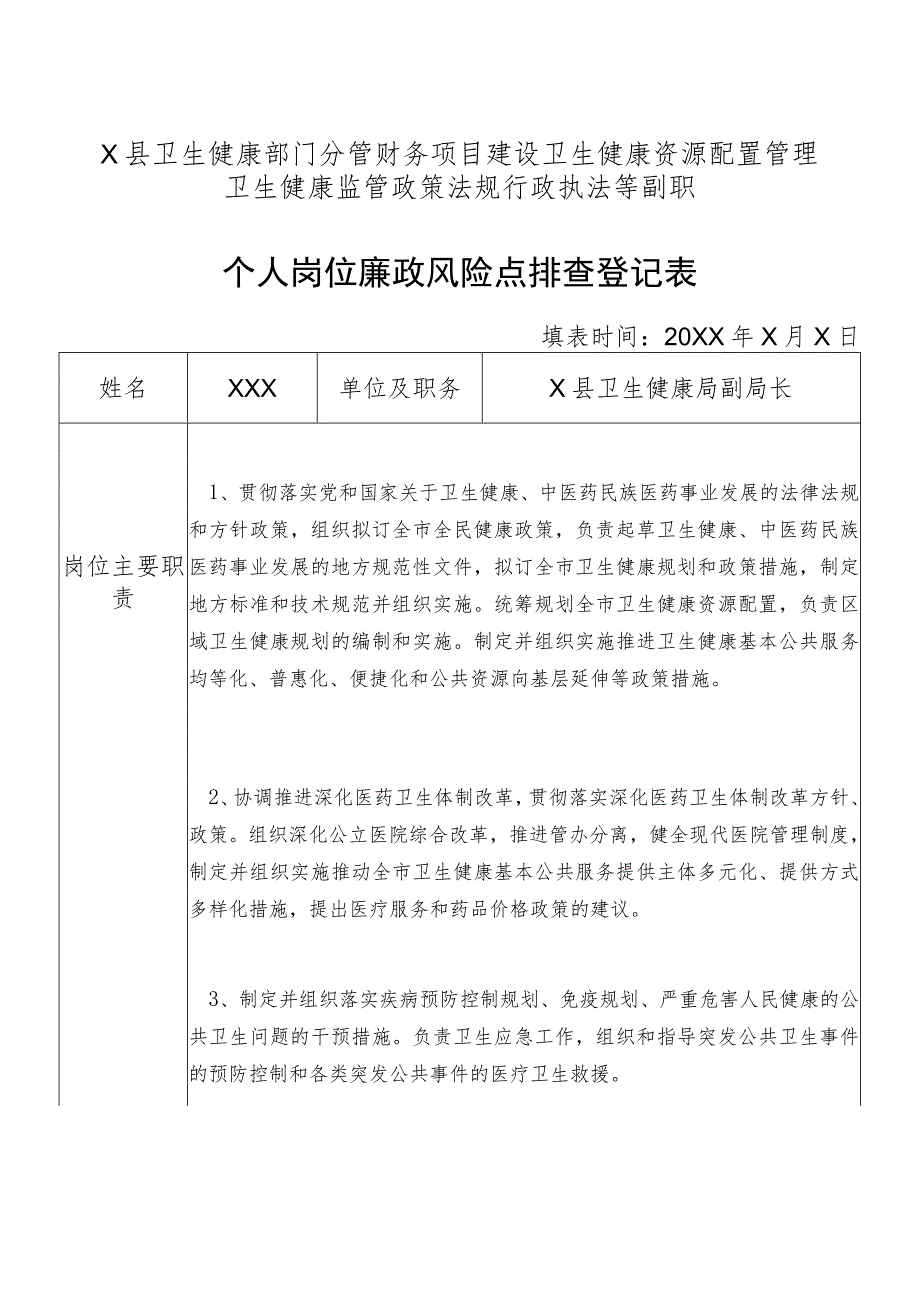 某县卫生健康部门分管财务项目建设卫生健康资源配置管理卫生健康监管政策法规行政执法等副职个人岗位廉政风险点排查登记表.docx_第1页