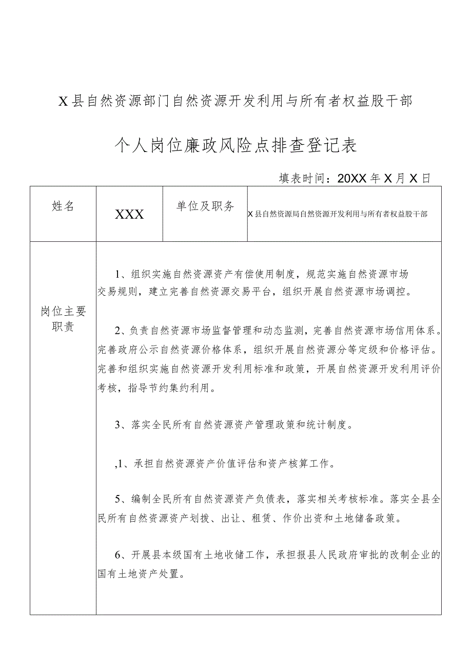 某县自然资源部门自然资源开发利用与所有者权益股干部个人岗位廉政风险点排查登记表.docx_第1页