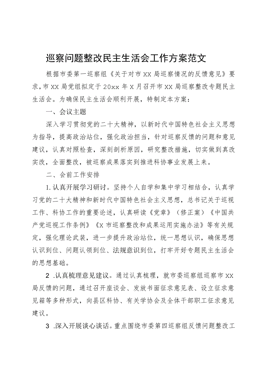 巡查问题整改民主生活会工作方案.docx_第1页