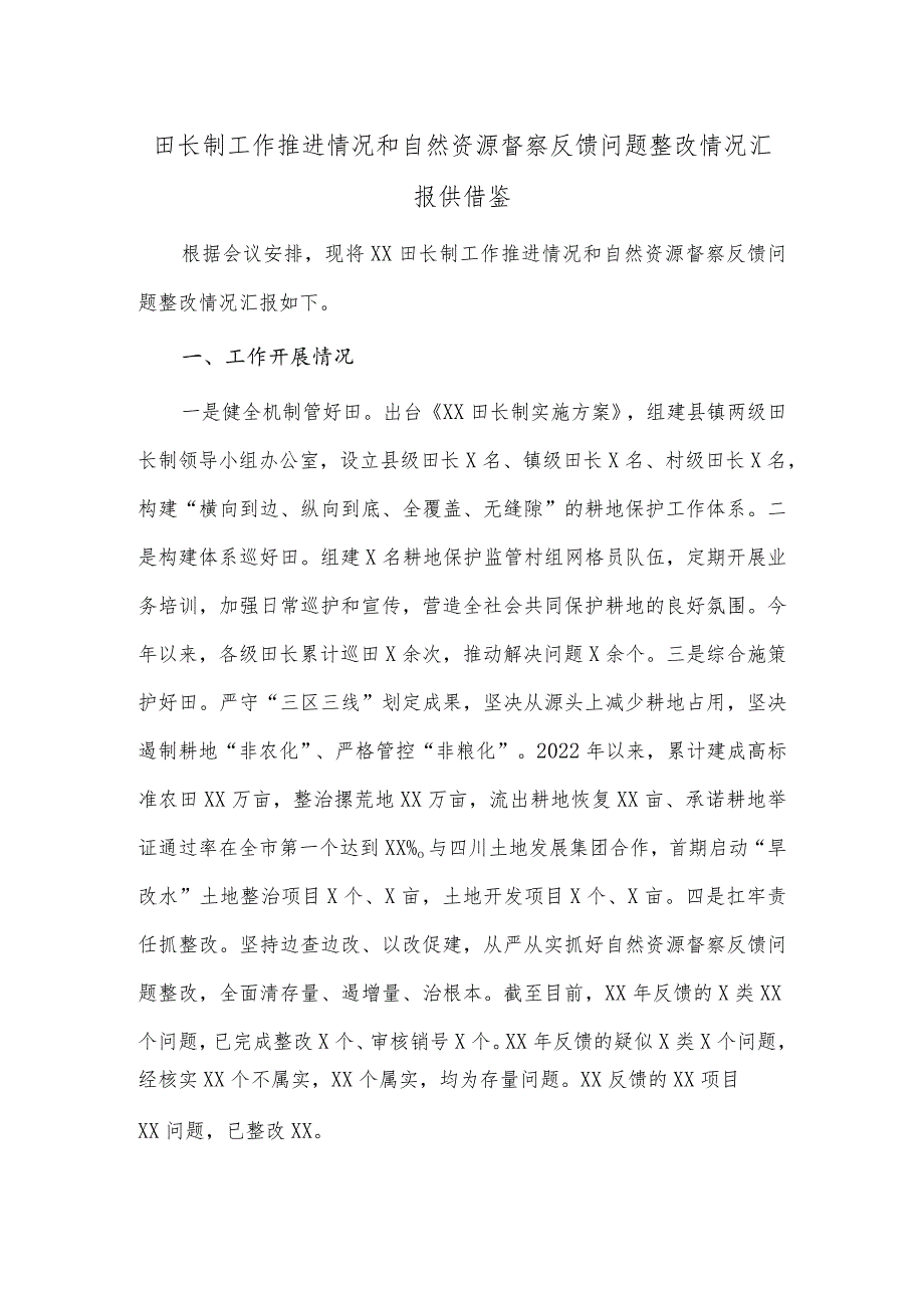 田长制工作推进情况和自然资源督察反馈问题整改情况汇报供借鉴.docx_第1页