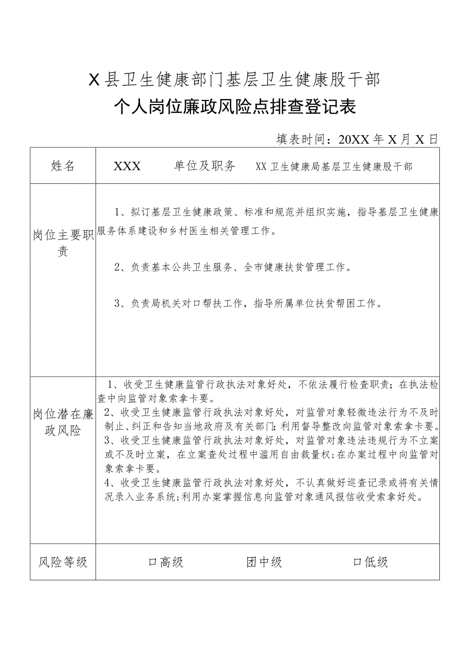 X县卫生健康部门基层卫生健康股干部个人岗位廉政风险点排查登记表.docx_第1页