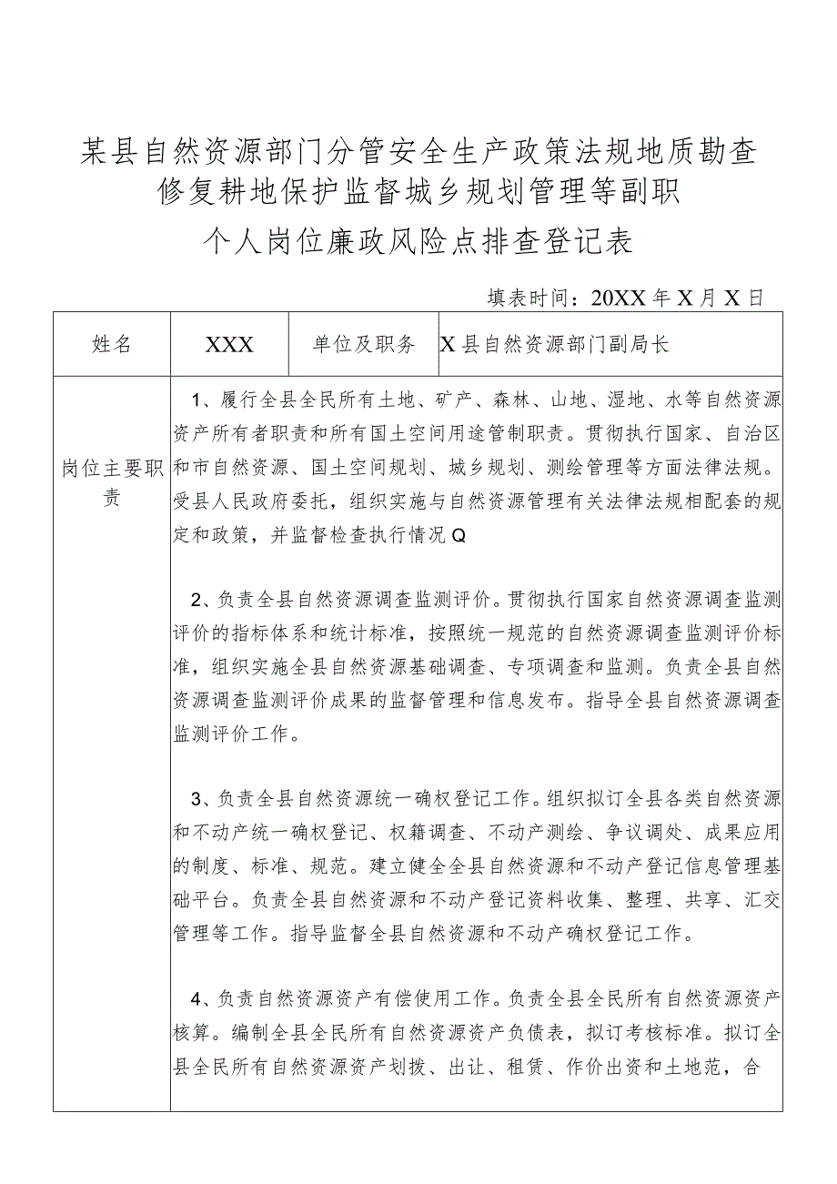 某县自然资源部门分管安全生产政策法规地质勘查修复耕地保护监督城乡规划管理等副职个人岗位廉政风险点排查登记表.docx_第1页