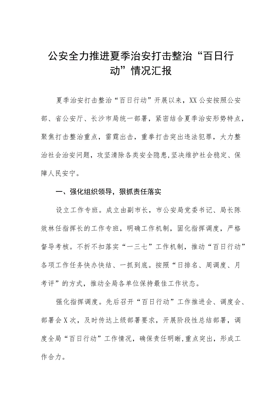 公安全力推进夏季治安打击整治“百日行动”情况汇报(九篇).docx_第1页