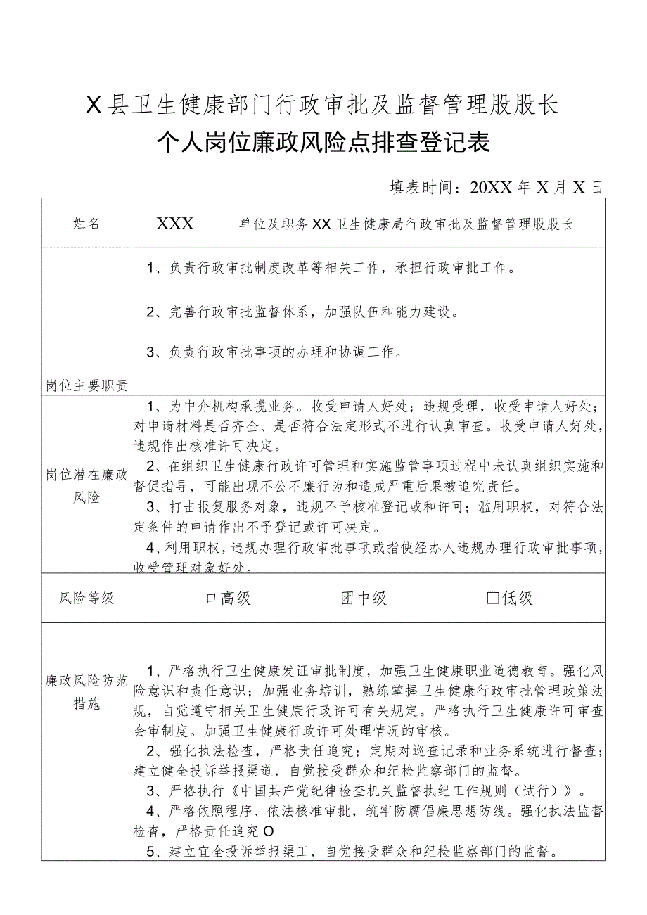 X县卫生健康部门行政审批及监督管理股股长个人岗位廉政风险点排查登记表.docx_第1页