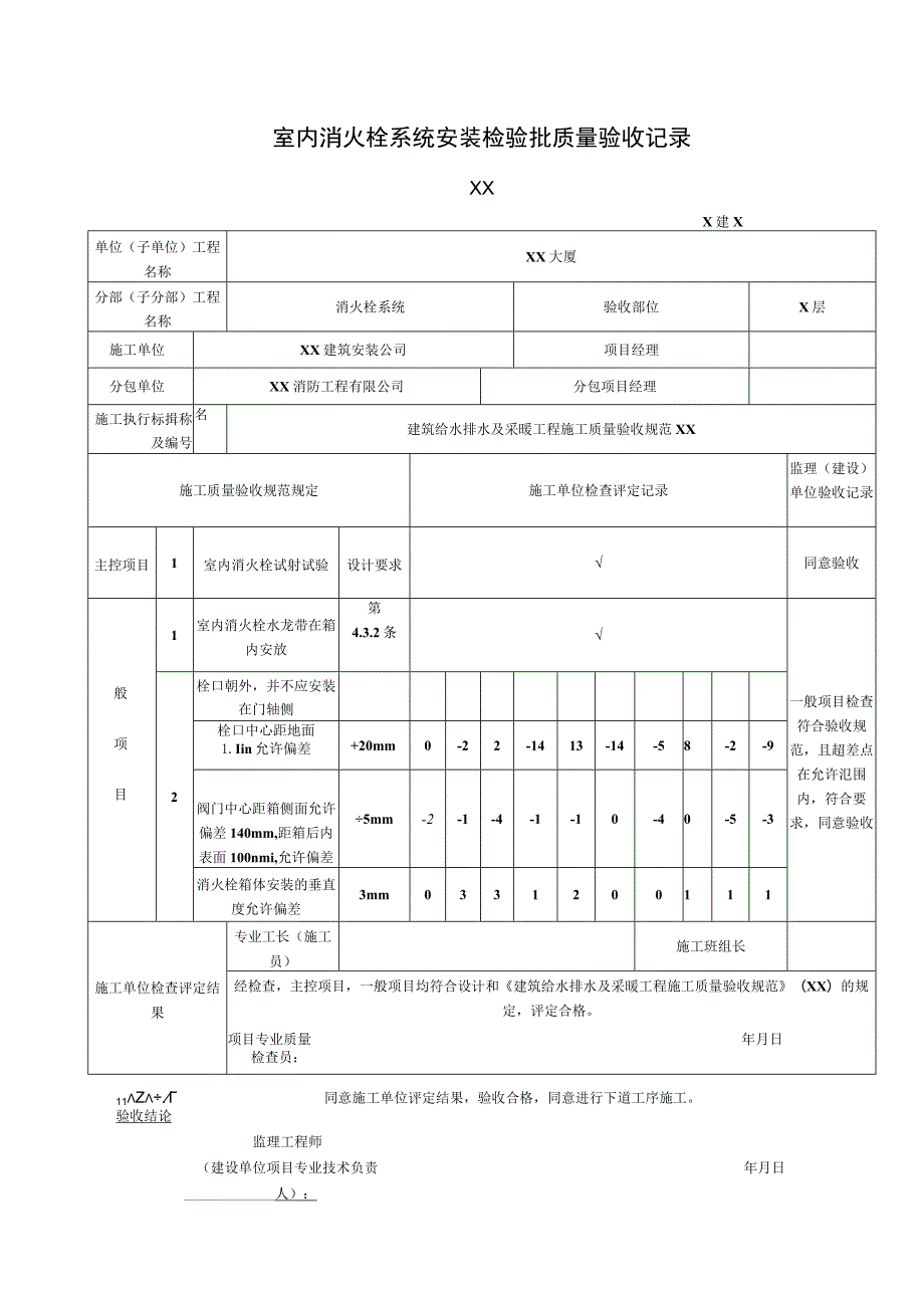 XX公司XX工程XX室内消火栓系统安装检验批质量验收记录（2023年）.docx_第1页