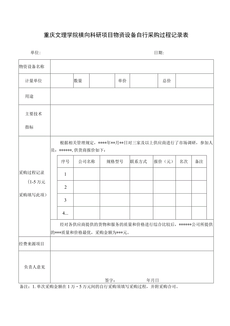 重庆文理学院横向科研项目物资设备自行采购过程记录表.docx_第1页