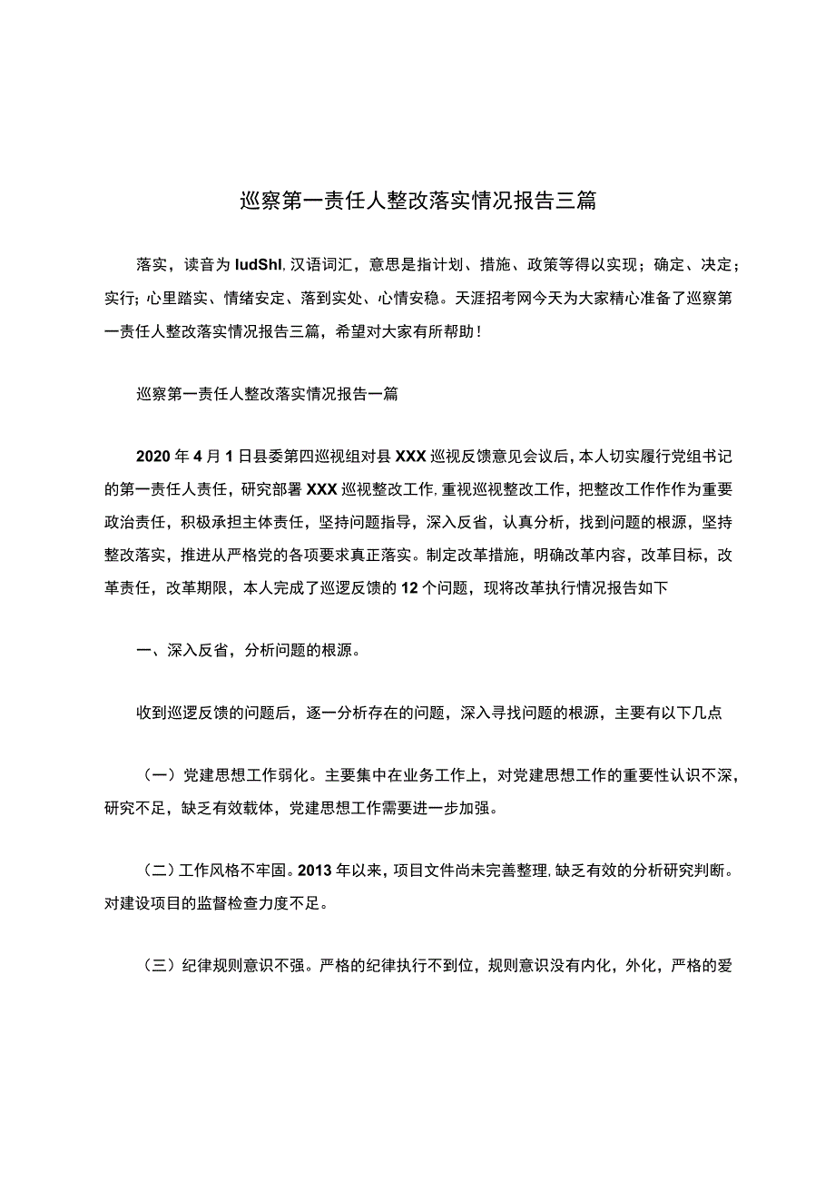 巡察第一责任人整改落实情况报告三篇.docx_第1页